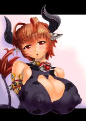  1girl absurdres animal_ears banbird bare_shoulders breasts brown_hair cleavage cleavage_cutout clothing_cutout cow_ears cow_girl cow_horns cow_tail covered_erect_nipples female_focus highres horns huge_breasts looking_at_viewer mogudan puffy_nipples red_eyes short_hair solo tail upper_body 