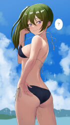  1girl ? absurdres adjusting_clothes adjusting_swimsuit ass back bikini blue_sky breasts closed_mouth cloud cowboy_shot day from_behind green_hair high_side_ponytail highres looking_at_viewer looking_back medium_breasts outdoors purple_eyes sasasa_r_23 sky smile solo sousou_no_frieren spoken_question_mark swimsuit thighs twisted_torso ubel_(sousou_no_frieren) wardrobe_malfunction water wedgie wet 