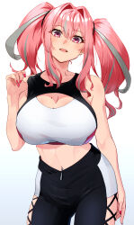  1girl absurdres azur_lane breasts bremerton_(azur_lane) cleavage cowboy_shot crop_top hair_intakes highres kento_(kentdrawing) large_breasts looking_at_viewer midriff mole mole_on_breast multicolored_hair open_mouth pink_eyes pink_hair pink_nails solo sportswear striped_hair two-tone_hair two_side_up vest white_vest  rating:Sensitive score:8 user:danbooru