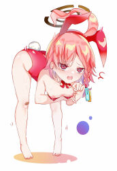  1girl @_@ ahoge animal_ears arm_under_breasts asymmetrical_bangs bandaid bandaid_on_knee bandaid_on_leg bare_arms bare_legs bare_shoulders barefoot bent_over blue_archive blush bow bowtie braid breasts collarbone colored_eyelashes commentary detached_collar downblouse earrings embarrassed eyes_visible_through_hair fake_animal_ears fang foreshortening full_body halo highres huge_ahoge imoe_(1017933989) jewelry leotard leotard_pull looking_at_viewer mole mole_under_each_eye mole_under_eye motion_lines multiple_moles neru_(blue_archive) neru_(bunny)_(blue_archive) nipples nose_blush open_mouth parted_bangs playboy_bunny rabbit_ears rabbit_tail red_bow red_bowtie red_eyes red_hair red_leotard short_hair simple_background single_braid skin_fang slit_pupils small_breasts solo standing strapless strapless_leotard stud_earrings surprised sweat tail thighs toes variant_set wavy_mouth white_background 