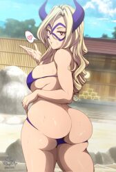  1girl ass blonde_hair boku_no_hero_academia bra breasts butt_crack highres horns kawer large_breasts mount_lady red_eyes solo swimsuit underwear 