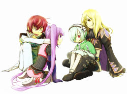 1girl 3boys ahoge asbel_lhant belt blonde_hair bodysuit boots cape capelet coat ascot dress elbow_gloves closed_eyes frills gloves hair_over_one_eye hairband lambda long_hair multiple_boys pants purple_eyes purple_hair red_eyes red_hair richard_(tales) shoes short_hair sophie_(tales) tales_of_(series) tales_of_graces thigh_boots thighhighs twintails very_long_hair yellow_eyes rating:Sensitive score:2 user:wereAR
