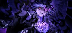  1boy angry black_gloves cross-shaped_pupils edmond_dantes_(fate) fate/grand_order fate_(series) fire game_cg gloves gradient_hair grey_hair hat looking_at_viewer male_focus multicolored_hair official_art purple_fire red_eyes solo symbol-shaped_pupils the_count_of_monte_cristo_(fate) 