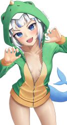  1girl :d blue_eyes blue_hair blue_nails blush breasts claw_pose commentary cowboy_shot dinosaur_hood english_commentary fingernails fins fish_tail gawr_gura green_jacket highres hololive hololive_english hood hood_up hooded_jacket jacket kuraodo_0 long_sleeves looking_at_viewer medium_hair multicolored_clothes multicolored_hair multicolored_jacket nail_polish no_pants official_alternate_costume open_mouth partially_unzipped shark_girl shark_tail sharp_teeth sidelocks simple_background small_breasts smile solo standing streaked_hair tail teeth twitter_username two-tone_jacket v-shaped_eyebrows virtual_youtuber white_background white_hair yellow_jacket zipper zipper_pull_tab 