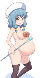  1girl akai_(riaakai) black_thighhighs blue_eyes blue_hair blush breasts dark_nipples endro! groin hat highres large_areolae large_breasts looking_at_viewer looking_to_the_side meiza_endust navel nipples nude open_mouth pregnant sagging_breasts shadow shiny_skin short_hair simple_background solo staff standing thighhighs white_background  rating:Explicit score:30 user:danbooru
