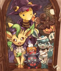  ampharos black_eyes brown_eyes closed_mouth clothed_pokemon commentary creatures_(company) dedenne door game_freak gen_2_pokemon gen_4_pokemon gen_5_pokemon gen_6_pokemon glaceon halloween hat clothed_pokemon jack-o&#039;-lantern leafeon litwick matsuri_(matsuike) night nintendo no_humans one_eye_closed open_mouth pokemon pokemon_(creature) pumpkaboo purple_headwear smile standing stick toes tongue trick_or_treat witch_hat zorua  rating:General score:11 user:danbooru