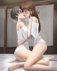  2girls absurdres ano_(gccx8784) bad_id bad_pixiv_id barefoot blue_panties blush brown_hair commentary_request drooling eye_contact feet french_kiss from_side glasses green_hair grey-framed_eyewear heavy_breathing highres indoors kiss kneeling long_hair looking_at_another multiple_girls no_pants off_shoulder on_bed open_mouth original panties pink_panties profile red_eyes saliva shirt short_hair short_sleeves sitting sweat thighs tongue tongue_out underwear wariza white_shirt wide_sleeves yuri  rating:Questionable score:85 user:danbooru