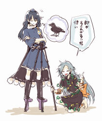  2girls :d animal back_bow barefoot bird black_bird black_cape black_hair black_shirt black_skirt black_socks blue_dress bow cape closed_eyes closed_mouth collared_shirt commentary_request crossed_arms crow dress facing_viewer frilled_dress frills full_body geta grey_hair hair_between_eyes hand_up hat himemushi_momoyo hisona_(suaritesumi) iizunamaru_megumu index_finger_raised jewelry kneehighs kneeling long_hair motion_lines multiple_girls no_nose nodding open_mouth orange_bow pom_pom_(clothes) purple_footwear ribbon-trimmed_cape ribbon-trimmed_dress ribbon-trimmed_sleeves ribbon_trim ring shirt short_sleeves shoulder_guard simple_background skirt sleeves_past_elbows smile socks speech_bubble spoken_animal standing tengu-geta thought_bubble tokin_hat touhou translation_request tripod unfinished white_background yatagarasu 