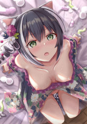 1girl after_vaginal aftersex animal_ears bare_shoulders bed breasts cat_ears cat_girl collarbone condom cum cum_in_pussy dildo drill_hair flower green_eyes hair_flower hair_ornament hetero indoors japanese_clothes karyl_(new_year)_(princess_connect!) karyl_(princess_connect!) kimono large_breasts looking_at_viewer looking_up multicolored_hair new_year nipples nohhun official_alternate_costume on_bed princess_connect! purple_hair pussy sex_toy sitting solo sweat used_condom wooden_floor rating:Explicit score:181 user:danbooru