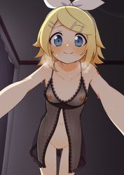  1girl bare_arms bare_shoulders bedroom bent_over black_camisole blonde_hair blue_eyes blush bottomless bow breasts breathing camisole collarbone curtains female_focus flat_chest foreshortening frilled_camisole frills hair_bow hair_ornament hairclip heavy_breathing highres indoors kagamine_rin lingerie loli looking_at_viewer luke_(b10a3123m) navel nipples number_tattoo perspective pov pussy_juice see-through short_hair shoulder_tattoo small_breasts smile solo steam sweat sweatdrop tareme tattoo underwear vocaloid white_bow  rating:Explicit score:222 user:danbooru