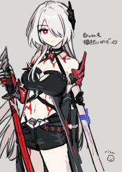  1girl acheron_(honkai:_star_rail) bare_shoulders black_choker black_shorts breasts bright_pupils choker cleavage cowboy_shot grey_background highres holding holding_sword holding_weapon honkai:_star_rail honkai_(series) katana large_breasts long_hair looking_at_viewer midriff navel official_alternate_color red_eyes rizu033 short_shorts shorts simple_background solo stomach sword thighs very_long_hair weapon white_hair white_pupils 