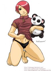 androgynous anklet barefoot bulge chinese_clothes clothes_lift feet green_eyes hair_over_one_eye highres jewelry panda panties red_hair shirt_lift short_hair shota smile thick_thighs thighs toes trap underwear rating:Questionable score:13 user:SDW