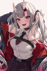  1girl bare_shoulders hololive kaguya_(srx61800) long_hair looking_at_viewer nakiri_ayame oni open_mouth red_eyes smile solo twintails white_hair 