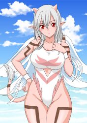 1girl absurdres angel_leotard angel_wings blue_sky breasts cloud collarbone demon_girl demon_horns demon_tail dragon_quest dragon_quest_x grey_hair hand_on_own_chest hand_on_own_hip highleg highleg_leotard highres horns large_breasts leotard long_hair looking_at_viewer ogre_(dq10) parted_lips pointy_ears red_eyes sky square_enix tail teeth white_leotard wings wristband yuuyuu_(3jjbn)