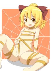  1girl :d between_labia blonde_hair blush bow breasts brown_eyes hair_bow kurodani_yamame loli looking_at_viewer naked_ribbon navel nipples open_mouth orange_background partially_visible_vulva ponytail ribbon sakura_simonov silk simple_background sitting small_breasts smile solo spider_web spread_legs touhou 