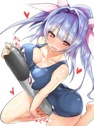 1girl blue_hair blue_one-piece_swimsuit commentary_request feet_out_of_frame hair_ribbon highres i-19_(kancolle) kantai_collection long_hair name_tag one-piece_swimsuit open_mouth red_eyes ribbon school_swimsuit sexually_suggestive simple_background solo star-shaped_pupils star_(symbol) swimsuit symbol-shaped_pupils takase_muh torpedo tri_tails twintails white_background rating:Sensitive score:23 user:danbooru