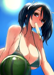 10s 1girl ball bikini blue_bikini blue_eyes blue_hair blush breasts cleavage food gen_(black_factory) hair_ribbon halterneck highres huge_breasts kantai_collection large_breasts matching_hair/eyes mouth_hold navel nipple_slip nipples popsicle ribbon see-through short_hair solo souryuu_(kancolle) sun swimsuit transparent twintails wet rating:Questionable score:85 user:danbooru