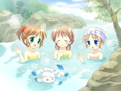  3girls arche_plumfield artist_request blonde_hair blue_eyes blush blush_stickers brown_hair bush closed_eyes closed_mouth cloud collarbone day dog dot_nose fortune_summoners green_eyes hair_ornament hairclip loli looking_to_the_side low_twintails multiple_girls nude onsen open_mouth parted_bangs resized rock sana_poanet short_hair sidelocks sky stella_mayberk swept_bangs tagme towel towel_on_head tree twintails upscaled  rating:Questionable score:2 user:dragonshadow89