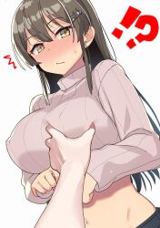  1girl 1other arm_focus black_hair blush breasts grabbing grabbing_another&#039;s_breast hair_ornament hairclip highres kantai_collection large_breasts long_hair looking_at_viewer meme oyashio_(kancolle) pov pov_cheek_grabbing_(meme) pov_hands simple_background solo_focus sweater taketora_suzume turtleneck turtleneck_sweater white_background 