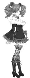 1girl amy_sorel bare_shoulders boots breasts cleavage drill_hair fishnet_thighhighs fishnets flower fur_trim gothic_lolita greyscale hair_over_one_eye high_heel_boots high_heels highres legs lolita_fashion monochrome non-web_source rose solo soul_calibur soulcalibur soulcalibur_iv thighhighs twintails yunioshi rating:Sensitive score:42 user:twilight_jester