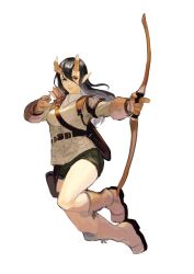  1girl archer_(fate) arrow_(projectile) belt black_hair boots bow_(weapon) breasts buckle full_body gloves horns lips long_hair medium_breasts original quiver serious shorts sonech suspenders weapon white_background  rating:Sensitive score:0 user:Miyuki_Lust