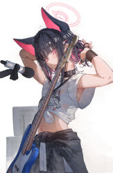  1girl absurdres animal_ears armpit_peek arms_up betabeet black_collar black_hair black_jacket blue_archive cat_ears cat_girl clothes_around_waist collar colored_inner_hair commentary electric_guitar extra_ears guitar hair_ornament hairclip halo highres instrument jacket jacket_around_waist kazusa_(band)_(blue_archive) kazusa_(blue_archive) looking_at_viewer midriff multicolored_hair navel official_alternate_costume pink_eyes pink_hair pink_halo pleated_skirt print_shirt shirt short_hair short_sleeves simple_background skirt slit_pupils solo tied_shirt upper_body wet wet_clothes wet_shirt white_background white_shirt 