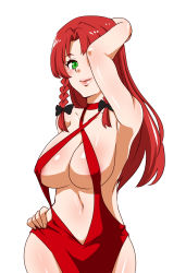 1girl areola_slip arm_behind_head black_ribbon braid breasts cleavage collarbone commentary_request covered_erect_nipples dress green_eyes hair_ribbon halterneck hand_on_own_hip highres hong_meiling large_breasts long_hair looking_at_viewer navel no_bra red_dress red_hair revealing_clothes ribbon shiraue_yuu side_braids simple_background smile solo standing touhou tress_ribbon white_background rating:Questionable score:19 user:danbooru