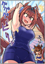  2girls agnes_tachyon_(umamusume) animal_ears armpits arms_behind_back bare_shoulders blue_one-piece_swimsuit blush breasts brown_hair clothing_cutout competition_school_swimsuit crossed_arms daiwa_scarlet_(umamusume) fang from_below hair_intakes highres horse_ears horse_girl horse_tail horyuu large_breasts long_hair multiple_girls one-piece_swimsuit open_mouth red_eyes school_swimsuit single_vertical_stripe swimsuit tail tail_through_clothes torn_clothes torn_swimsuit tracen_swimsuit twintails umamusume very_long_hair 
