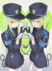  2girls :d absurdres blue_archive blue_jacket blue_shorts blue_skirt blush buttons demon_girl demon_tail double-breasted earrings expressionless fang gloves green_hair green_halo hair_between_eyes half-closed_eyes halo hands_up hat heart heart_background heart_hands heart_hands_duo heart_tail_duo highres hikari_(blue_archive) holding_hands jacket jewelry long_hair miniskirt multiple_girls nonsal_(pix62364634) nozomi_(blue_archive) open_mouth pantyhose parted_lips pleated_skirt short_shorts shorts siblings sisters skirt smile smug tail twins twintails very_long_hair white_gloves yellow_eyes 