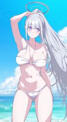  1girl :o absurdres bikini blue_archive blush breasts cleavage collarbone gluteal_fold grey_hair groin halo highres jewelry large_breasts long_hair looking_to_the_side mechanical_halo navel necklace noa_(blue_archive) o-ring o-ring_bikini ocean ponytail purple_eyes reia_76 solo swimsuit thighs white_bikini 