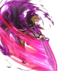  1boy attack attack_trail aura blonde_hair dark_aura fire_emblem fire_emblem:_the_blazing_blade fire_emblem_heroes glowing glowing_eyes highres holding holding_sword holding_weapon lloyd_(fire_emblem) long_coat nintendo non-web_source official_alternate_eye_color official_art open_mouth solo soul_patch swinging sword torn_clothes undead weapon yellow_eyes 