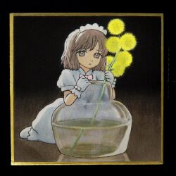  1girl black_border border bottle bow bowtie brown_eyes brown_hair commentary_request dress expressionless flower full_body gloves headdress highres looking_at_viewer mini_person minigirl original parted_lips rustle short_hair sitting sketch solo water white_dress white_gloves yellow_flower  rating:General score:5 user:danbooru