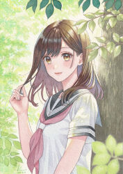 1girl 2024 against_tree asymmetrical_hair black_sailor_collar brown_eyes brown_hair closed_mouth commentary_request dated green_theme hand_in_own_hair highres k.nishiyama leaf light_blush long_hair looking_at_viewer neckerchief original outdoors painting_(medium) red_neckerchief sailor_collar school_uniform serafuku signature smile solo traditional_media tree tree_shade upper_body watercolor_(medium) white_serafuku 