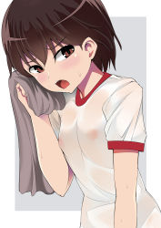  1girl blush breasts brown_eyes brown_hair commentary covered_erect_nipples drying frown girls_und_panzer glaring grey_background grey_towel gym_shirt highres holding holding_towel isobe_noriko kuku123 leaning_forward looking_at_viewer no_bra open_mouth see-through shirt short_hair short_sleeves small_breasts solo t-shirt towel upper_body white_shirt 
