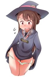 10s 1girl bare_legs barefoot blush breasts brown_hair collared_shirt dress flying_sweatdrops hat heavy_breathing hip_focus houtei_kara kagari_atsuko little_witch_academia long_hair long_sleeves lying necktie nose_blush on_back open_mouth panties panty_pull pulling_own_clothes red_eyes removing_panties shadow shirt short_dress sidelocks simple_background small_breasts smile solo standing sweat teeth thighs underwear undressing white_background white_panties wide_sleeves witch_hat rating:Questionable score:56 user:danbooru