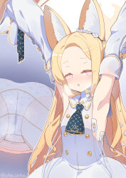  1girl absurdres animal_ear_fluff animal_ears armpits arms_up artist_name ascot bare_shoulders blonde_hair blue_archive blue_ascot blush bow breasts breath detached_sleeves dress electrostimulation female_focus flower forehead fox_ears fox_girl hair_flower hair_ornament half-closed_eyes halo highres loli long_hair long_sleeves looking_at_viewer mtu_virus multiple_views nose_blush panties panties_under_pantyhose pantyhose parted_lips pink_eyes pussy_juice pussy_juice_stain seia_(blue_archive) sleeveless sleeveless_dress sleeves_past_fingers sleeves_past_wrists small_breasts stained_panties textless_version turtleneck turtleneck_dress twitter_username uncommon_stimulation underwear upper_body utm_iota very_long_hair white_dress white_pantyhose white_sleeves yellow_halo  rating:Explicit score:61 user:hdk5