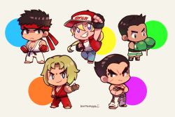  5boys baseball_cap black_hair blonde_hair blue_eyes boxer brown_hair clenched_hands closed_mouth commentary denim dougi fatal_fury fatal_fury_cap fingerless_gloves gloves grin hat headband highres jeans ken_masters kotorai little_mac long_hair looking_at_viewer male_focus mishima_kazuya multiple_boys muscular muscular_male nintendo pants pectoral_cleavage pectorals ponytail punch-out!! red_eyes ryu_(street_fighter) scar short_hair signature simple_background smile street_fighter street_fighter_ii_(series) super_smash_bros. symbol-only_commentary tekken terry_bogard the_king_of_fighters thick_eyebrows topless_male 