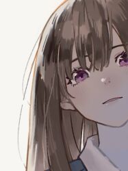  1girl brown_hair chinese_commentary commentary_request highres inoue_takina long_hair looking_at_viewer lycoris_recoil parted_lips portrait purple_eyes simple_background solo uud45gaotrcvkfg white_background 