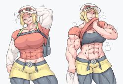  1girl blonde_hair breasts closed_eyes creatures_(company) female_focus game_freak hiker_(pokemon) large_breasts midriff muscular muscular_female nintendo pokemon pokemon_sv sheepapp short_hair solo sweat thick_thighs thighs  rating:Sensitive score:6 user:catonfire26