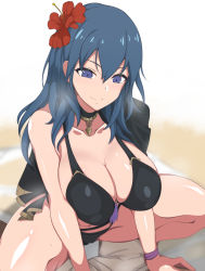 1boy 1girl bikini black_bikini black_cape blue_eyes blue_hair breasts byleth_(female)_(fire_emblem) byleth_(female)_(summer)_(fire_emblem) byleth_(fire_emblem) cape cleavage closed_mouth collarbone eyelashes fire_emblem fire_emblem:_three_houses fire_emblem_heroes flower girl_on_top hair_between_eyes hair_flower hair_ornament hibiscus highres jewelry large_breasts long_hair looking_down lying multi-strapped_bikini necklace nintendo official_alternate_costume on_back red_flower ribbon shiny_skin solo_focus spread_legs straddling sweat swimsuit tassel thighs u2_(u2_85269) wrist_ribbon  rating:Sensitive score:58 user:ImWastingMyLife