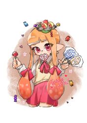  1girl brown_background candy commentary_request cropped_legs food food_in_mouth gradient_hair heart highres holding holding_candy holding_food holding_lollipop inkling inkling_girl inkling_player_character lollipop long_hair looking_at_viewer multicolored_hair nintendo orange_hair pointy_ears red_eyes simple_background smallfry_(splatoon) solo splatoon_(series) star_(symbol) suityunosakana tentacle_hair thank_you two-tone_background white_background 