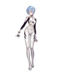  1girl aqua_hair arm_at_side artist_request ayanami_rei bodysuit breasts collar final_gear full_body hairpods highres interface_headset legs_apart medium_breasts narrow_waist neon_genesis_evangelion number_print numbered official_art open_mouth pilot_suit red_collar red_eyes science_fiction short_hair short_hair_with_long_locks simple_background skinny solo standing tachi-e teeth third-party_source transparent_background two-tone_sleeves white_bodysuit 