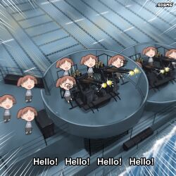  50bmg 6+girls :d absurdres aircraft_carrier america_ya_(meme) artist_name autocannon azumanga_daiou black_skirt bofors_40_mm_gun brown_hair cannon clone commentary emphasis_lines english_commentary english_text firing grey_shirt highres meme mihama_chiyo military_vehicle multiple_girls o_o ocean open_mouth ship shirt sitting skirt smile standing twintails vehicle_request warship watercraft world_war_ii 