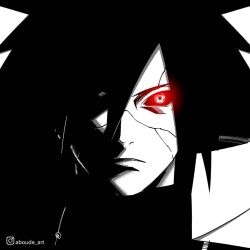  1boy aboude_art artist_name black_hair black_sclera closed_mouth colored_sclera commentary crack cracked_skin hair_over_one_eye instagram_logo instagram_username limited_palette long_hair looking_at_viewer male_focus mangekyou_sharingan naruto_(series) naruto_shippuuden one_eye_covered sharingan signature solo spot_color uchiha_madara 