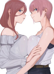  2girls bare_shoulders belt black_pants blue_eyes blue_shirt breast_press breasts brown_belt brown_hair commentary_request earrings from_side go-toubun_no_hanayome grey_tank_top hand_on_another&#039;s_arm highres jewelry large_breasts long_hair_between_eyes looking_at_viewer looking_to_the_side multiple_girls nakano_ichika nakano_miku off-shoulder_shirt off_shoulder pants pink_hair r_u_i_(s_1cll) shirt short_hair siblings sisters sleeveless smile stud_earrings symmetrical_docking tank_top twins white_background 