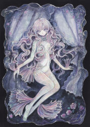  1girl acrylic_paint_(medium) barefoot commentary_request completely_nude doll expressionless fins flat_chest flower full_body highres long_hair looking_at_viewer monster_girl navel nude original painting_(medium) pale_skin pink_hair plant rose scales solo sumire_shisei thorns traditional_media vines wavy_hair white_eyes 