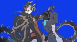  1boy 1girl absurdres arknights arm_behind_back arm_up black_coat black_gloves black_hair blue_background brown_hair chong_yue_(arknights) coat colored_extremities dancing doctor_(arknights) dragon_horns dragon_tail earrings facing_another female_doctor_(arknights) floating_hair gloves gradient_hair grey_hair grin half_gloves hetero high_collar highres holding_hands hood hood_up hooded_coat horns jewelry long_hair long_sleeves looking_at_another low_ponytail mask multicolored_hair open_clothes open_coat pointy_ears red_eyes rerebrace simple_background single_sleeve slit_pupils smile streaked_hair tail upper_body very_long_tail walhee221 