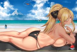  1girl anima_(togashi) ass bare_arms bare_shoulders beach beach_towel bikini bikini_bottom_only blue_sky breast_press breasts cleavage cloud cloudy_sky commentary_request creatures_(company) cynthia_(pokemon) day game_freak garchomp gen_3_pokemon gen_4_pokemon hair_ornament highres large_breasts long_hair looking_at_viewer lucario lying milotic mountain nintendo ocean on_stomach parted_lips poke_ball pokemon pokemon_(creature) pokemon_dppt sideboob simple_background sky spiritomb sweat sweatdrop swimsuit thighs topless towel water  rating:Sensitive score:112 user:danbooru
