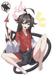  1girl absurdres ahoge black_hair black_horns black_shorts black_tail blue_archive breasts coat collared_shirt demon_horns demon_tail halo highres horns kasumi_(blue_archive) lab_coat long_hair looking_at_viewer open_mouth red_halo red_shirt shirt shorts simple_background sleeves_past_fingers sleeves_past_wrists slime401 small_breasts smile solo tail walkie-talkie white_background white_coat yellow_eyes 