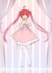 1girl :d absurdres bad_id bad_pixiv_id bare_shoulders commentary_request date_a_live dress full_body hair_between_eyes hair_ribbon hand_on_own_chest high_heels highres itsuka_kotori knees_together_feet_apart long_hair mo_(pixiv9929995) open_mouth pink_dress pink_footwear pumps red_eyes red_hair reflection ribbon smile solo spaghetti_strap striped striped_background thighhighs twintails vertical_stripes very_long_hair white_ribbon white_thighhighs rating:Sensitive score:6 user:danbooru
